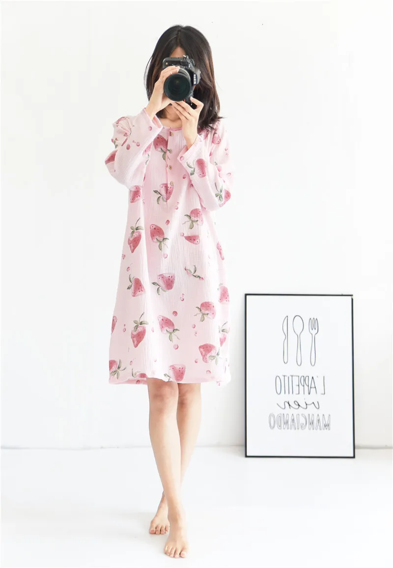 Зимние kawaii клубника crape Хлопковые женские ночные рубашки ночные платья японские повседневные с длинным рукавом домашние женские пижамы новые