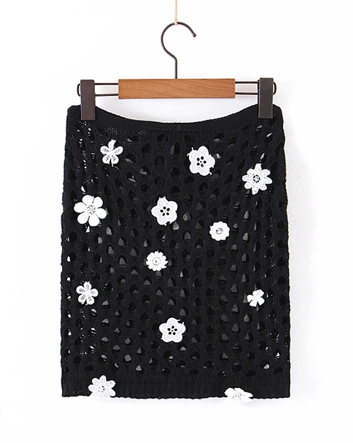 Everkaki Hollow Out Knitted Mini Skirts Women Lace Flower Attached Sexy Transparent Party Summer Boho Skirt Female Autumn