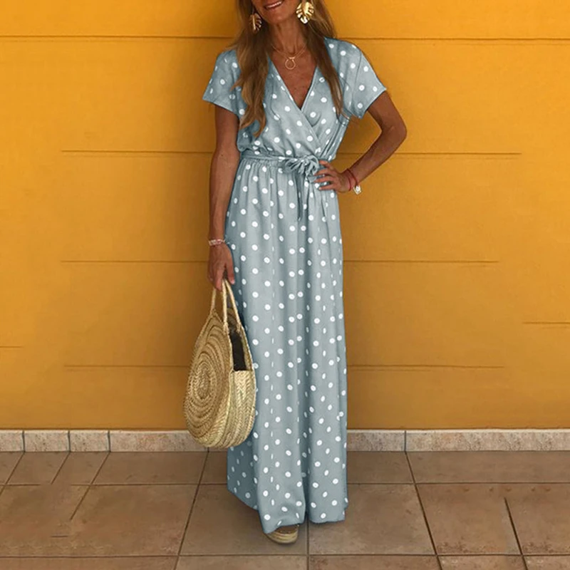 Fashion Women Summer Dress New Sexy V-neck Short Sleeve Polka Dot Print Women Long Maxi Dress Ladies Clothes CDR1875 (8)