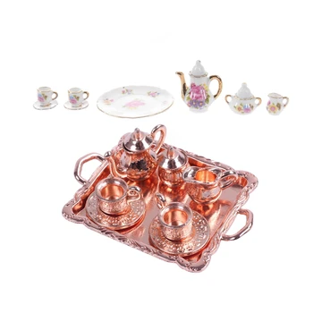 

16 Pcs 1:12 Dollhouse Miniature Dining Ware Toy Porcelain Tea Set Dish Cup Plate - 8 Pcs White & 8 Pcs Rose Gold