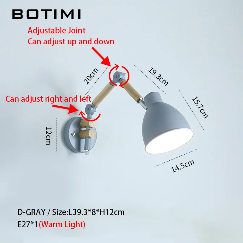 D-1 Light-Gray BOTIMI скандинавский светодиодный настенный светильник деревянный настенный светильник регулируемый светильник металлический прикроватный абажур светильник белый светильник для чтения - Цвет абажура: D-1 Light-Gray