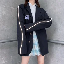 Miub terno jk uniforme feminino outono e inverno estudante cardigan dois botão preto terno solto estilo universitário casaco escuro