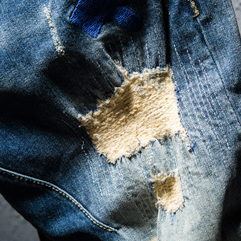 Men Streetwear Hiphop Ripped embroidery Slim fit jeans Knee Holes Destroyed Man Casual Cotton joggers beggar denim pants