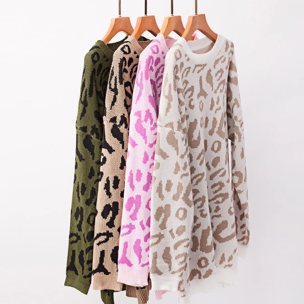 YUANSHU 2019 Новый Повседневный пуловер большого размера вязаный женский свитер с леопардовым принтом Топ с круглым вырезом осенние