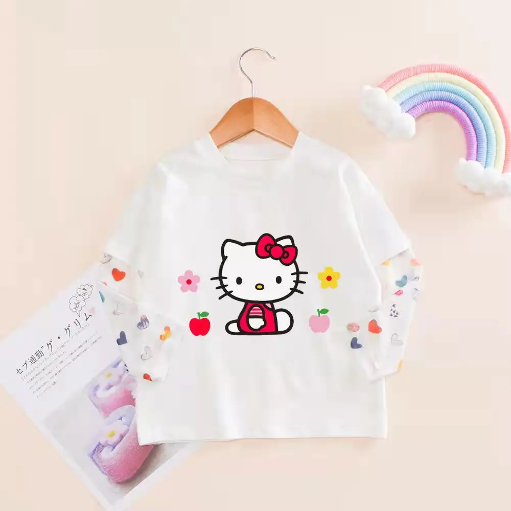 thumbnail image 1 of Camiseta de manga larga de verano para niñas de Hello Kitty, camisetas falsas de dos piezas de estilo extranjero para bebés, camisetas con protección solar para niños, ropa para niños, 1 of 4