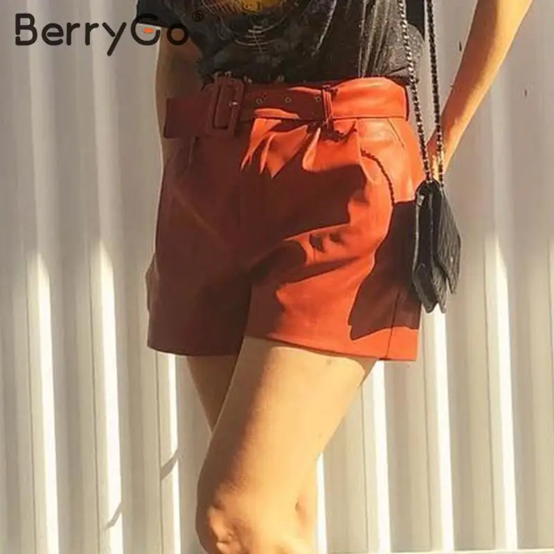 BerryGo из искусственной кожи, шорты с высокой талией, женские, Осенние, зимние, женские, вечерние, Клубные, шикарные шорты, искусственная кожа, ремень, широкие ноги, женские шорты