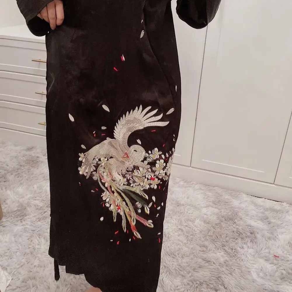 VUWWYV Za 2021 Black Contrast Phoenix Embroidery Dress Women Long Kimono Vintage Wrap Maxi Woman Dress Full Sleeve Belt Dresses