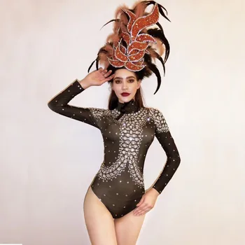 

New Sparkly Rhinestones Golden Feather Headdress Bodysuit Leggings Nightclub Women Dance Performance Outfit Birthday Party Wear