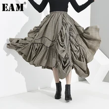 [EAM] Асимметричная юбка средней длины с завышенной эластичной резинкой на талии в клетку коричневого цвета с оборками для женщин; модная новинка; сезон весна-осень года; 1H2720