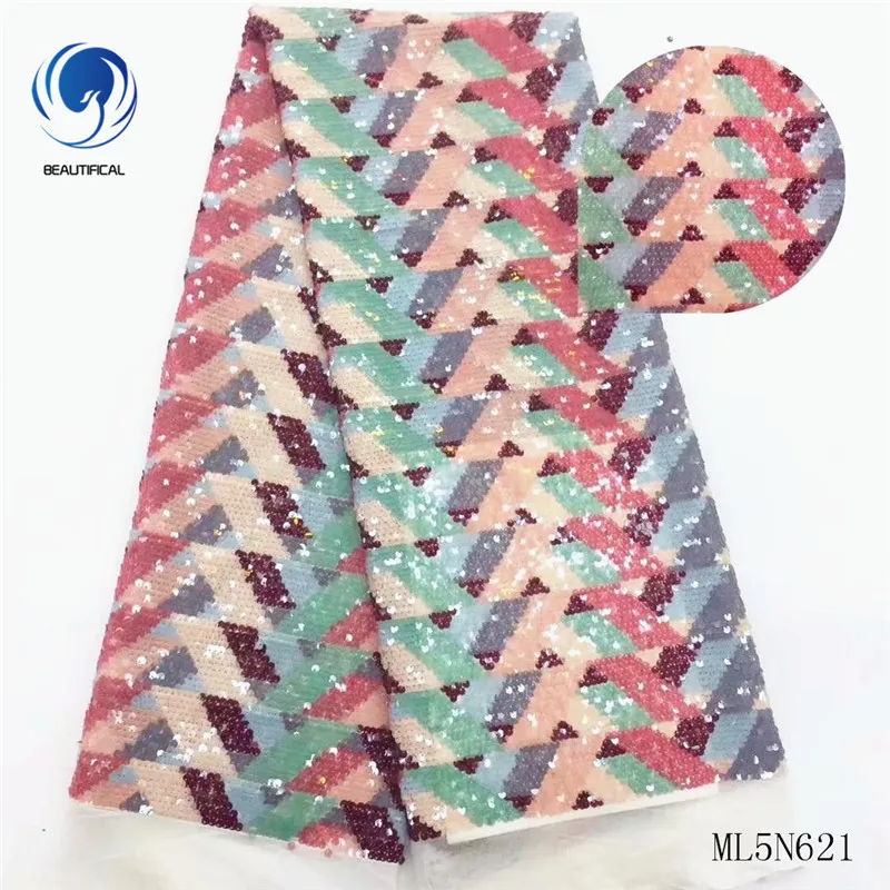 

Beautifical african lace fabrics New arrival multicolor sequins net lace fabric for women 5yards nigerian lace fabric ML5N621