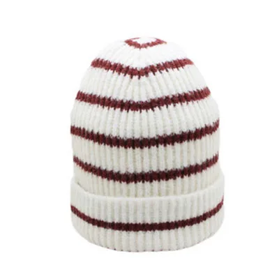 SUOGRYFashion вязаная Круглая Шапочка для женщин девочек в полоску Skuillies Beanies Зимние теплые хлопковые вязаные шапки s - Цвет: Wine red  white 2