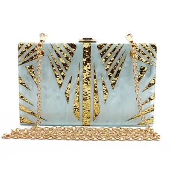 

2020 Acrylic bling evening clutch bags wedding gold leaves banquet wallets with chain party dinner bags for ladies MN1664