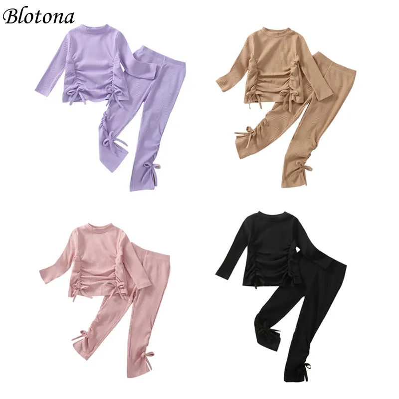 

Blotona Kids Baby Girls Solid Color Clothes Set Long Sleeve O-Neck Ribbed Shirred Tops Pants Spring Fall Casual Outfits, 18M-6Y