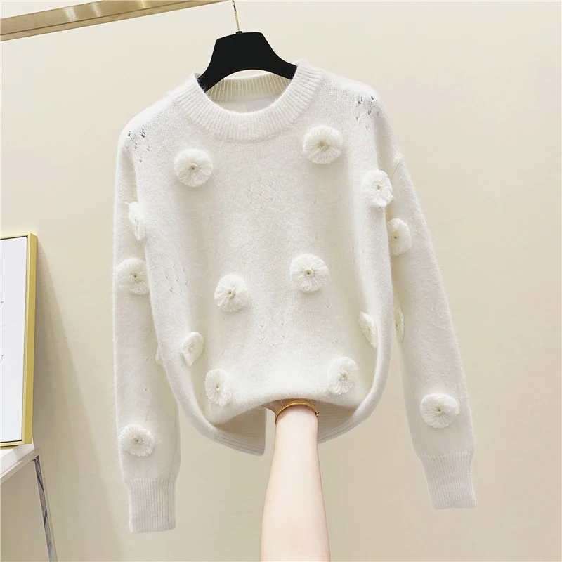 

Sweater Women Sweet Three-dimensional Embroidered Loose-Fit Round-Neck Pullover Sweater Sweaters Girls Ladies Jumper Pull