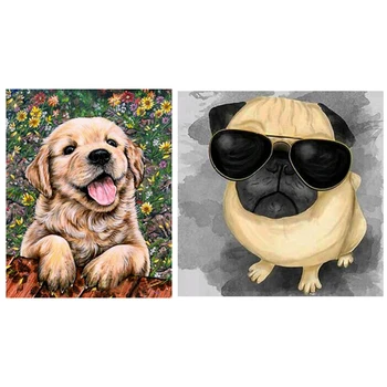 

2 Set 5D Diy Diamond Painting Embroidery Rhinestone Painting Decor - Dog & Wearing Sunglasses Dog