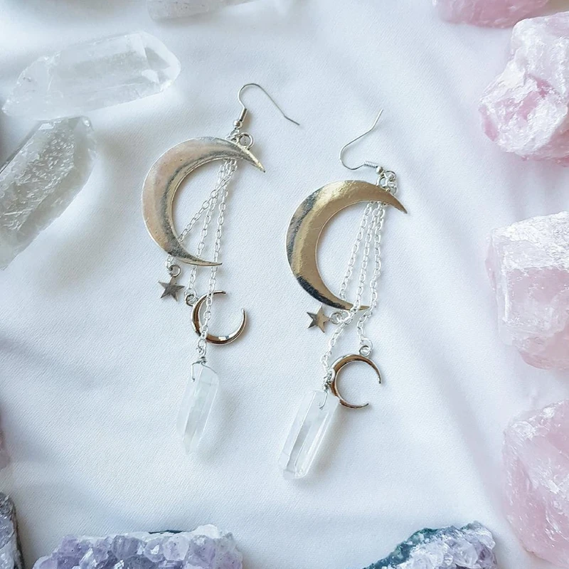 

White Imitate Quartz Crystal Aura Witchy Earrings, Crescent Moon Gothic Occult Boho Crystal Crown Accessories Jewelry Earrings