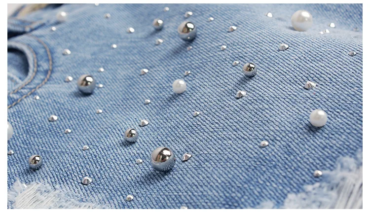 Летние жемчужные бусины шорты женские с высокой талией потертые джинсовые шорты плюс размер рваные шорты