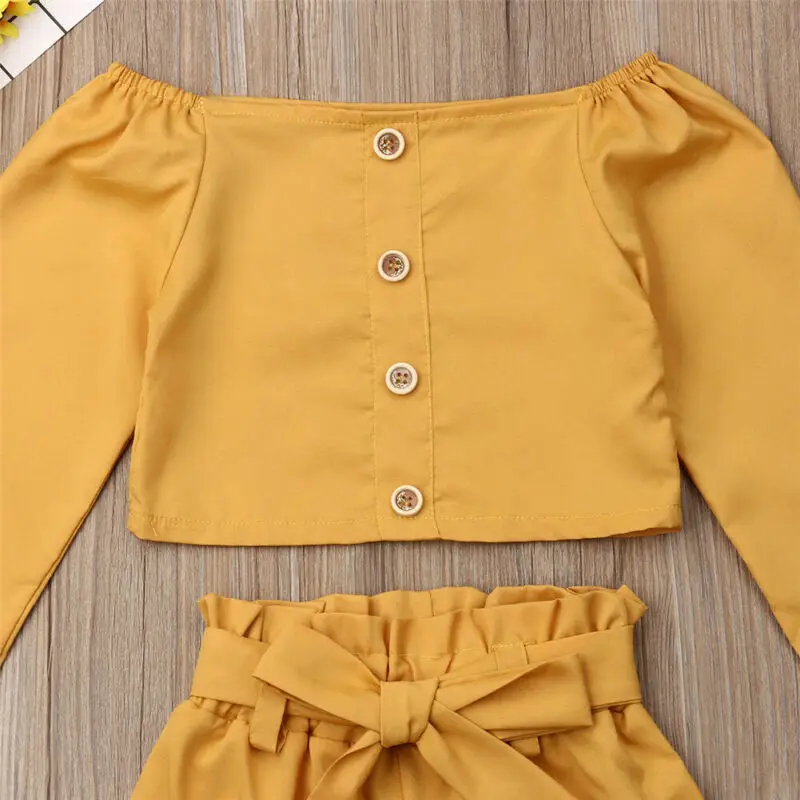Emmababy Детские костюмы для десткая Одежда для девочек маленький ребёнок Fille детская одежда желтого цвета с вырезом лодочкой топы+ шорты