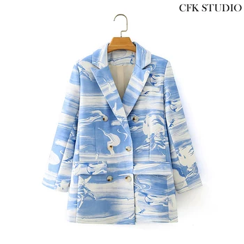 

Za Women Blazer with Double Breasted Striped Print Long Sleeve Oversize Outwear Coat Femme Autumn Casaul Blue Oversize Blazer