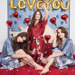 Elegant Bride Robe Wedding Women Sleepwear Home Cloth Pajamas Ice Slik Bridesmaid Bathrobe Burgundy Dressing Gown Sping Autumn
