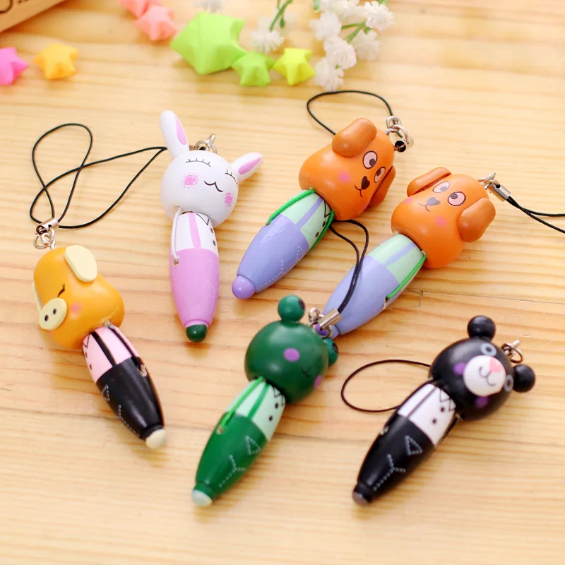 20Pcs Portable Cartoon Animal Ballpoint Pen Creative Wooden Phone Pendant Pen Keychain School Supplies Gift gadpiparty toddler toys for toddlers wooden animal push up press base toy base finger puppets thumb puppets animal swing dancing