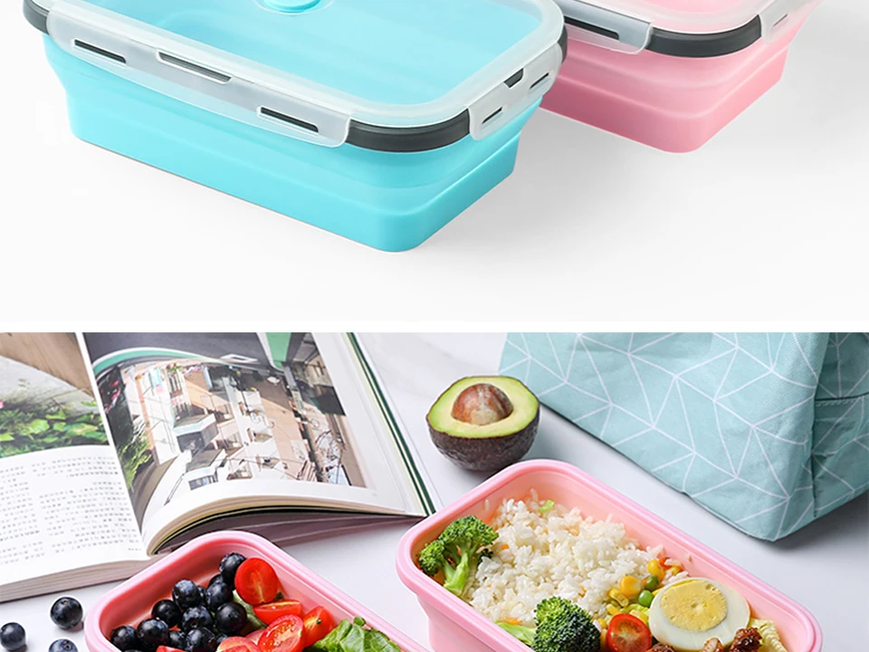 Силиконовый складной Ланч-бокс, контейнер для хранения еды, Bento BPA Free, Microwavable, портативный, для пикника, кемпинга, прямоугольная, открытая коробка