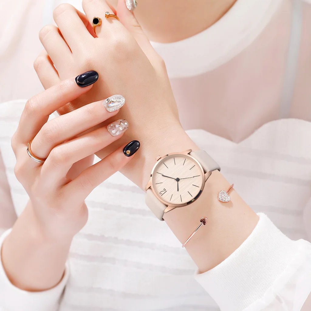 Beige with Bracelet Модные простые 2 шт набор браслет часы женские кожаные аналоговые женские кварцевые часы на запястье часы женские часы ювелирные изделия женские часы - Цвет: Beige with Bracelet