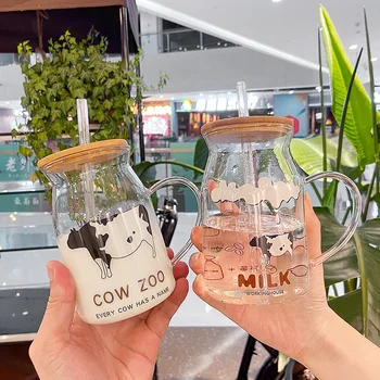 Домашняя креативная Экологичная соломенная чашка с милой коровой, прозрачная с деревянной крышкой, кружки для офиса, набор стаканчиков для ...