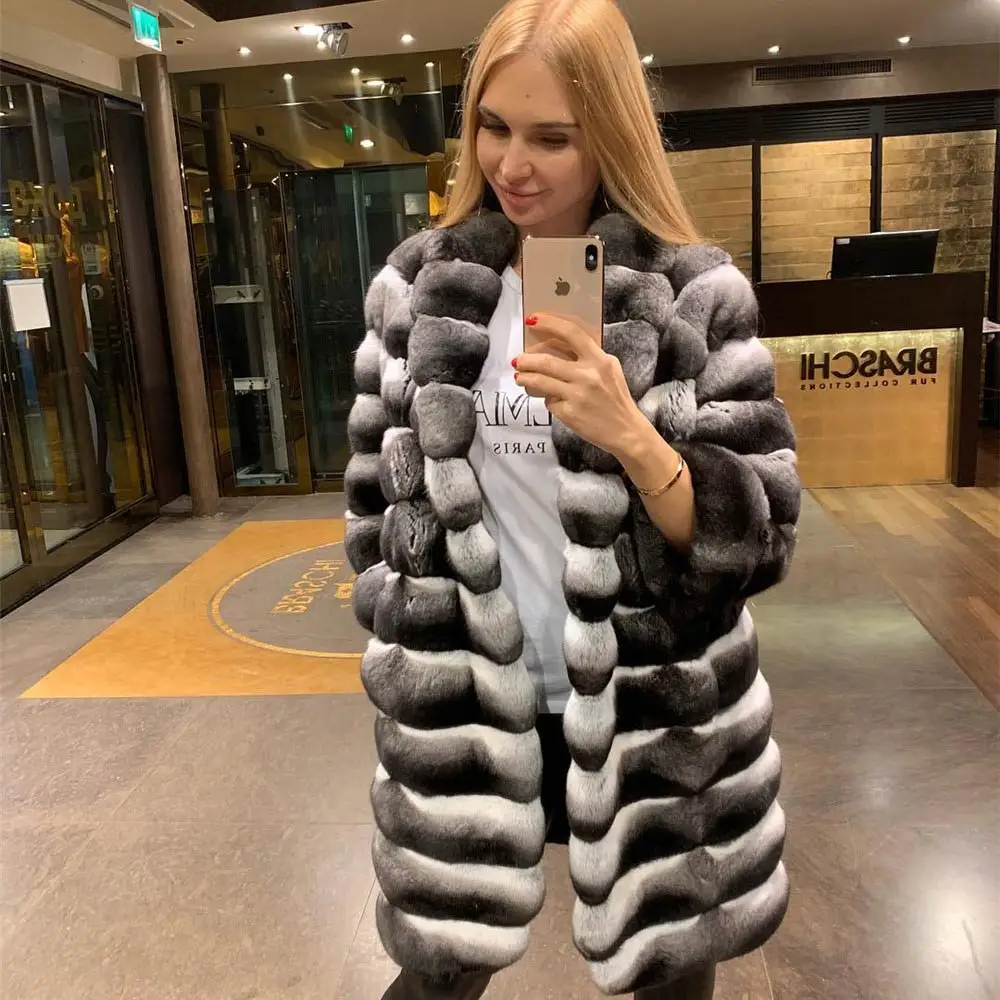 Новое дизайнерское модное женское высококачественное плотное теплое пальто новая цельная Кожа натуральная шиншилла кролик рекс шуба по индивидуальному заказу