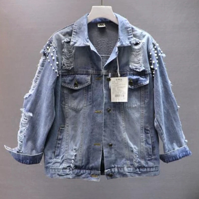 Женские винтажные джинсы повседневные свободные с жемчугом и бусинами 2019|Куртки|