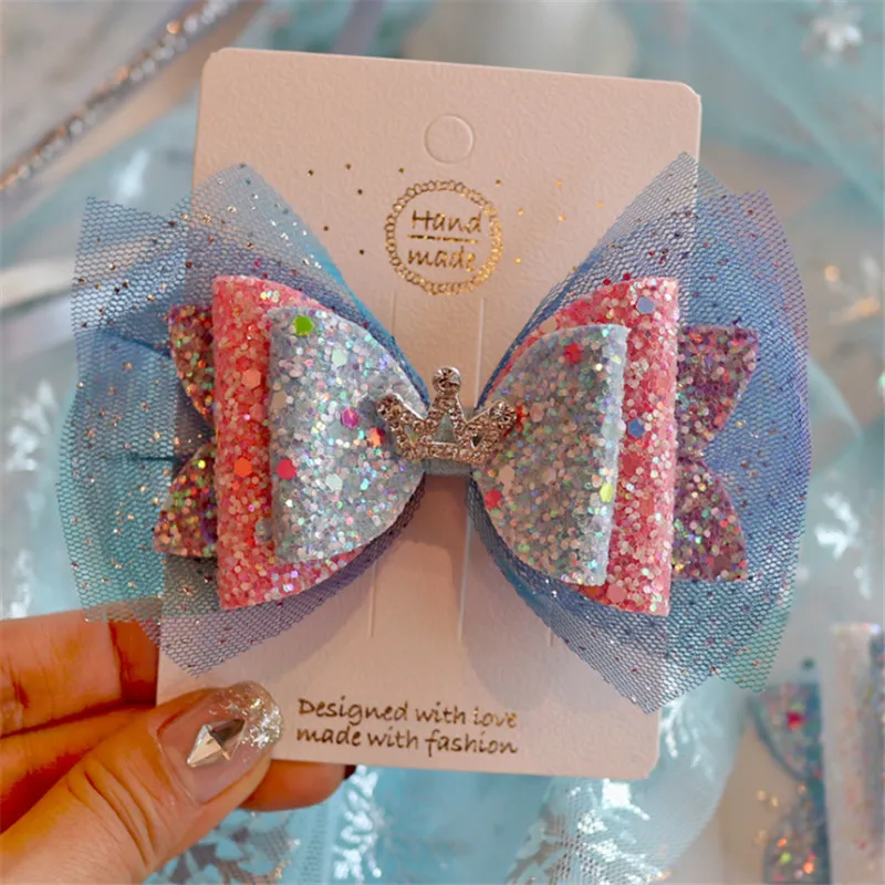 5pcs/lot Christmas Glitter Snowflake Hair Bows For Girls Handmade Double Layered Hairgrips Dance Party Girls Hair Accessories