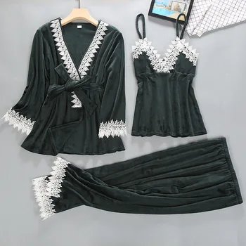 

Gray Lace Sleepwear Young Lady V-neck 3PCS Pajamas Suit Velour Casual Sleep Set Winter Nightwear Long Sleeve Home Clothing