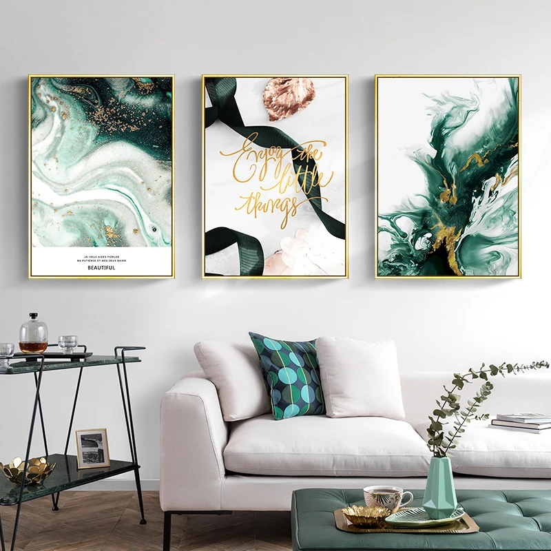 

Abstract Canvas Painting Green Agate Golden Leaf Nordic Posters and Prints Wall Art Pictures for Living room Modern Home Decor