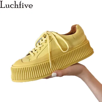 

Yellow Genuine Leather Designer Muffin Shoes Woman Autumn Fashion Sneakers ladies Thick Bottom Lace-Up Casual Flat Shoes women