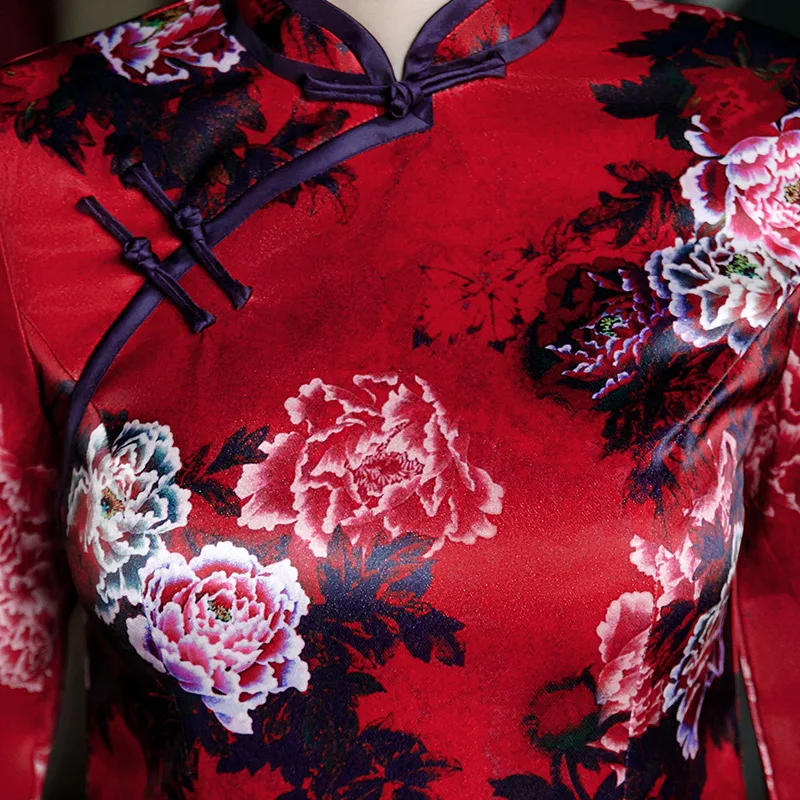 M-5XL AO Dai женское длинное платье Cheongsam в винтажном китайском стиле, воротник-стойка, платье из искусственного шелка, Qipao, тонкое вечернее платье на пуговицах, Vestido