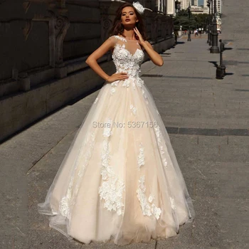 

Wedding Dresses Champagne Lace Sleeveless Bride Dresses Buttons Back Puff Tulle Wedding Gowns Custom Made