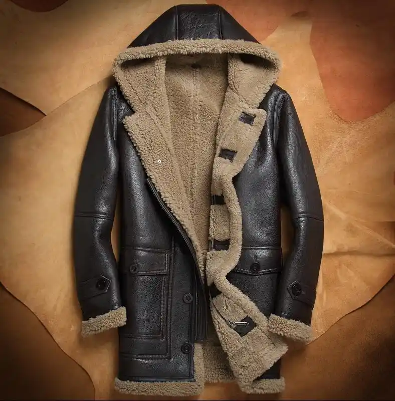 men winter thicker fur one leather jacket hooded long sheepskin
