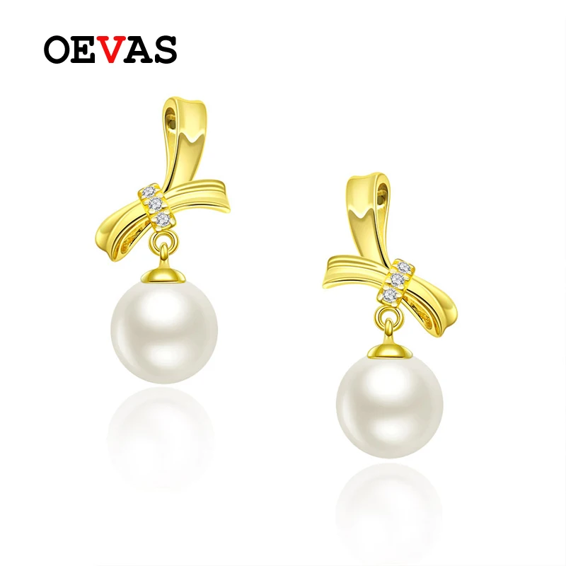 

OEVAS Natural Freshwater Pearl Drop Earrings For Women Gold Color 100% 925 Sterling Silver Created Moissanite Bow-knot Jewelry