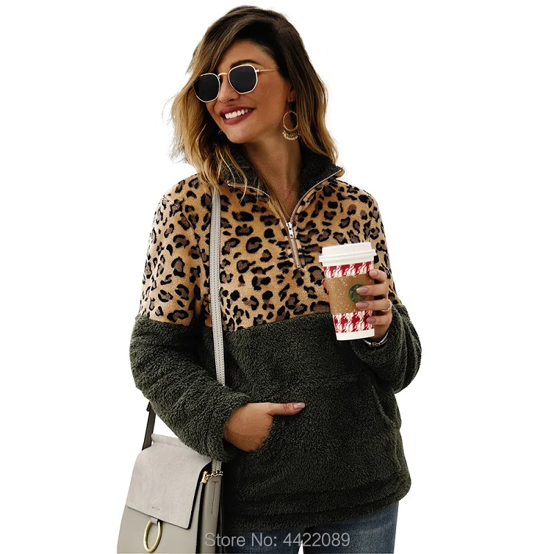 Women Leopard Patchwork Sweatshirt Hoodies Long Sleeve Fleece Warm Zip Pullover Turtleneck Hooded Top | Женская одежда
