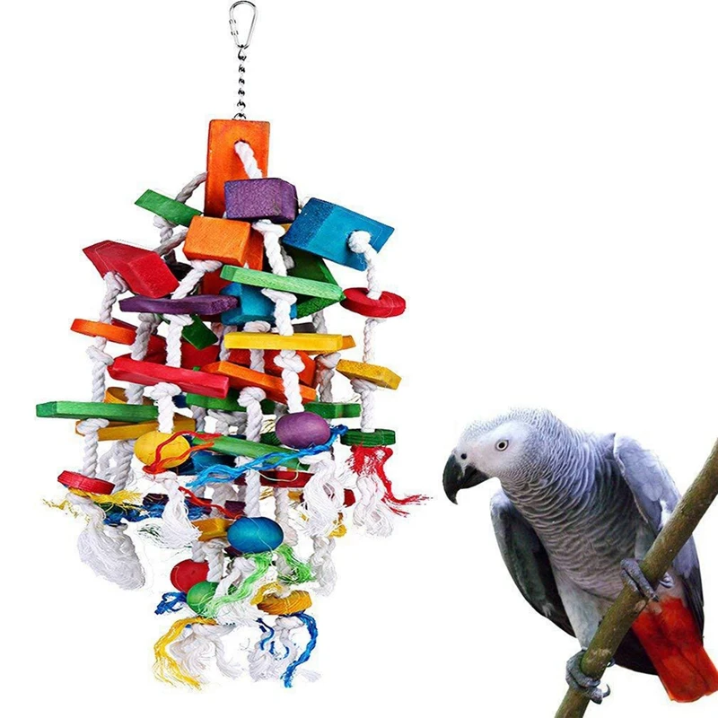 

Pet Bird Hanging Chew Bite Toy for Cage Decoration Parrot Ave Climbing Wooden Cotton Toy Coloful Wood Block Toy Bird Supplies