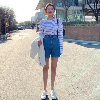 

South Korea WOMEN'S Dress Spring and Summer WOMEN'S Dress Sweet Cool GIRL'S Korean-style Vintage High-waisted Cowboy Straight Sh