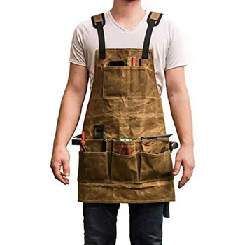 

Hot Waxed Canvas apron oil wax cloth Multiple pockets with tools Senior Shoulders Chef apron for BBQ Men waterproof cooking logo