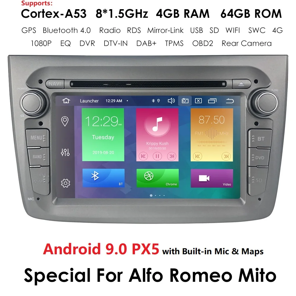 1 Din Автомобильный мультимедийный плеер Android 9 для Alfa Romeo Mito 2008-CANBUS Авто Радио четырехъядерный Видео DVD gps система USB DVR