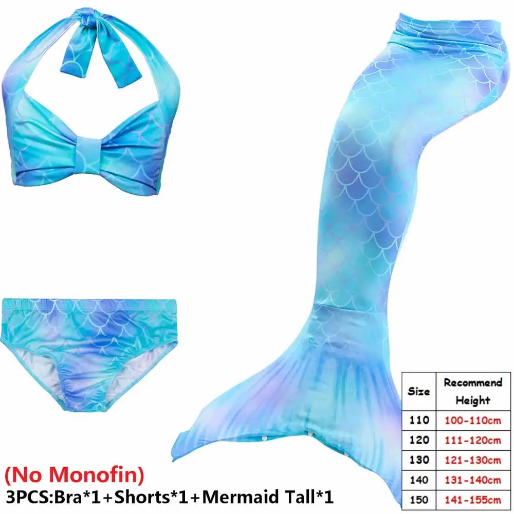 3pcs No Monofin Купальный костюм с хвостом русалки для девочек, купальный костюм, костюм русалки, купальник, можно добавить монофонический плавник с гирляндой - Цвет: 3pcs No Monofin