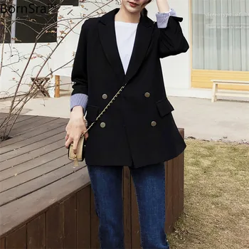 

BornSra New 2020 Spring Autumn Women's Blazers Casual Pockets Double Breasted Loose Jackets Striped Notched Wild Tops