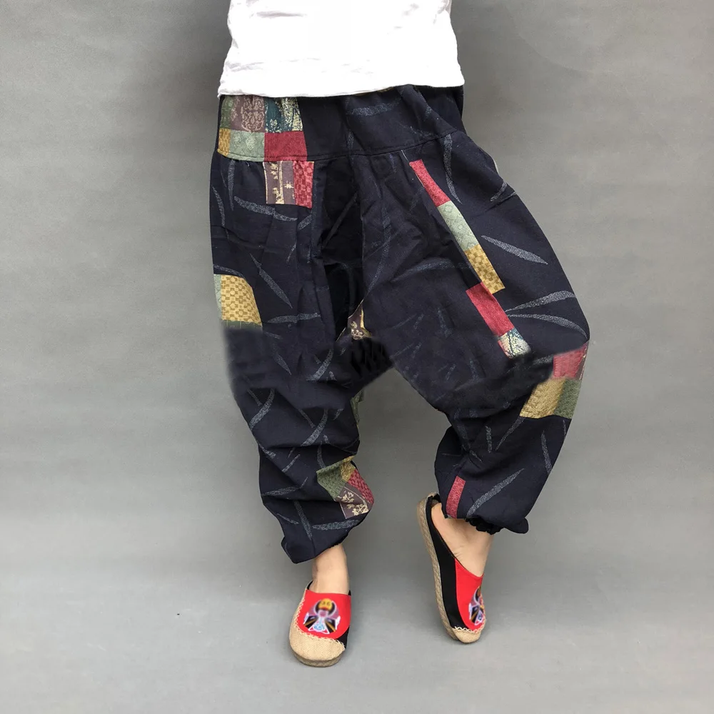 blue harem pants Men Summer Japan Fashion Retro Print Casual Harem Pants Ethnic Style Large Crotch Loose Pants Male Cotton Linen Trouser Pants mens harem joggers