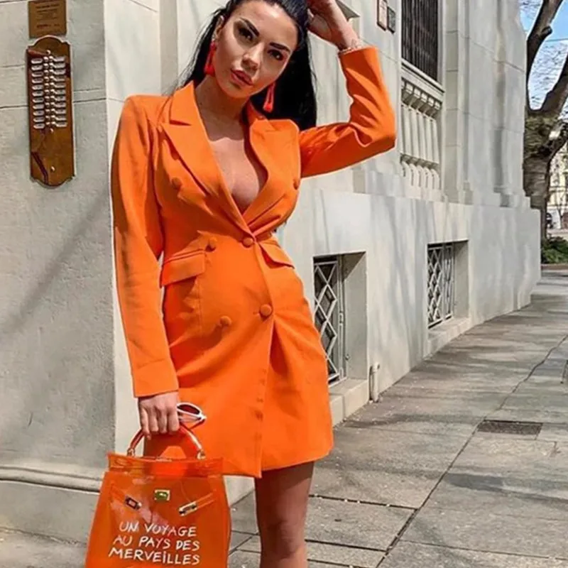 

Autumn New-style Women Pure-color Slim Suit Double-row Button Long-sleeved Turn-collar Suit Dress 2019 Notched Women Dress