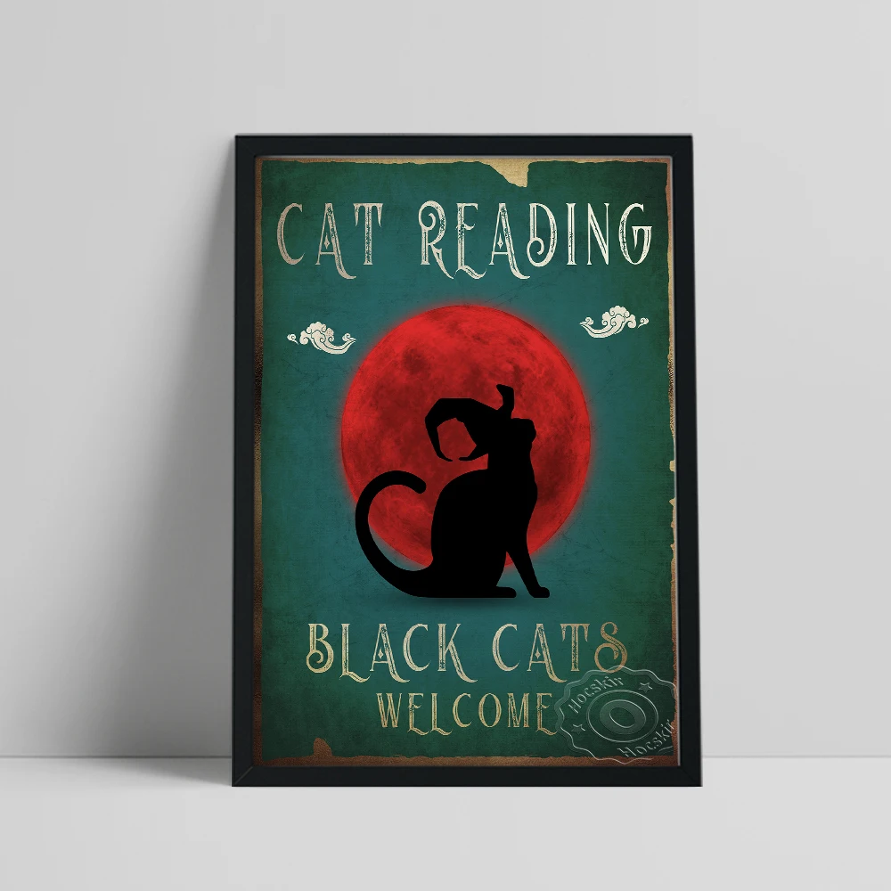 

Black Cat Reading Prints Art, Black Witch Cats Welcome Retro Poster, Funny Animal Red Moon Wall Stickers, Halloween Home Decor