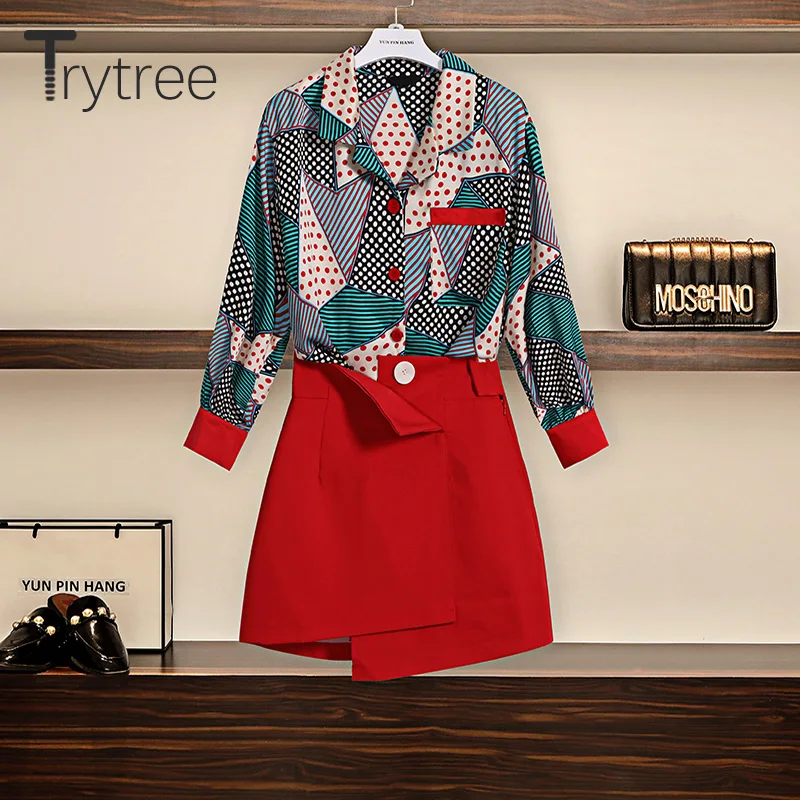 

Trytree Autumn Women two piece set Casual Turn-down Collar Single Breasted Tops + Skirt Button Mini Fashion Suit Set 2 Piece Set
