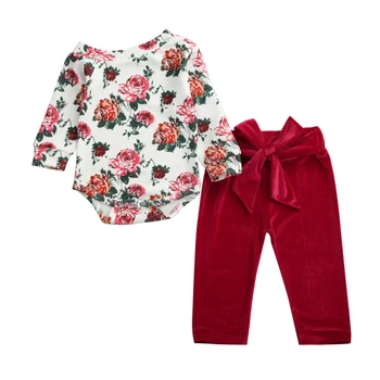 

Autumn Baby Girls Clothes Sets Cotton Long Floral Rompers + Bowknot Pants 2Pcs Jumpsuit Toddler Clothing Suit